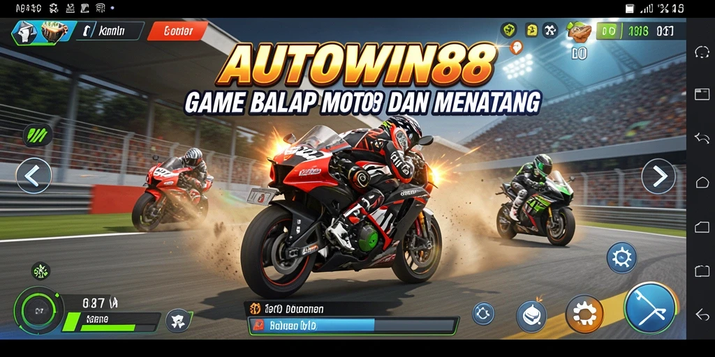 Screenshot gameplay AUTOWIN88 menampilkan aksi balapan motor yang seru.