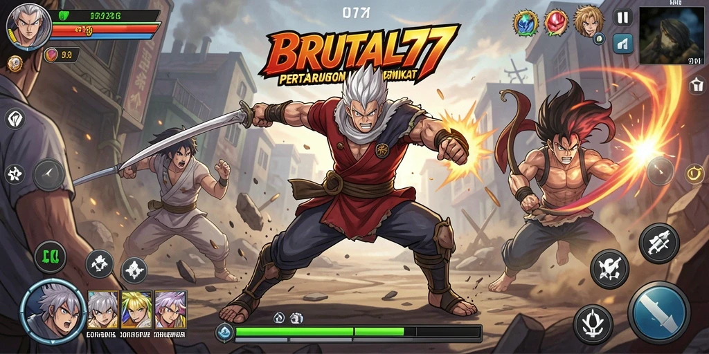 Tampilan gameplay dinamis BRUTAL77 dengan karakter anime yang memukau.