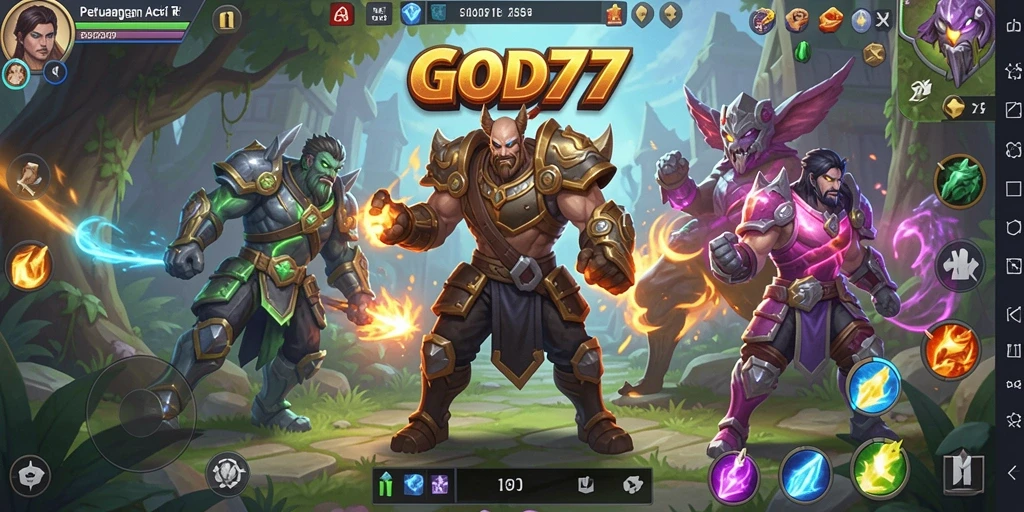 Screenshot gameplay <strong>GOD77</strong> menunjukkan pertarungan epik melawan monster yang kuat.