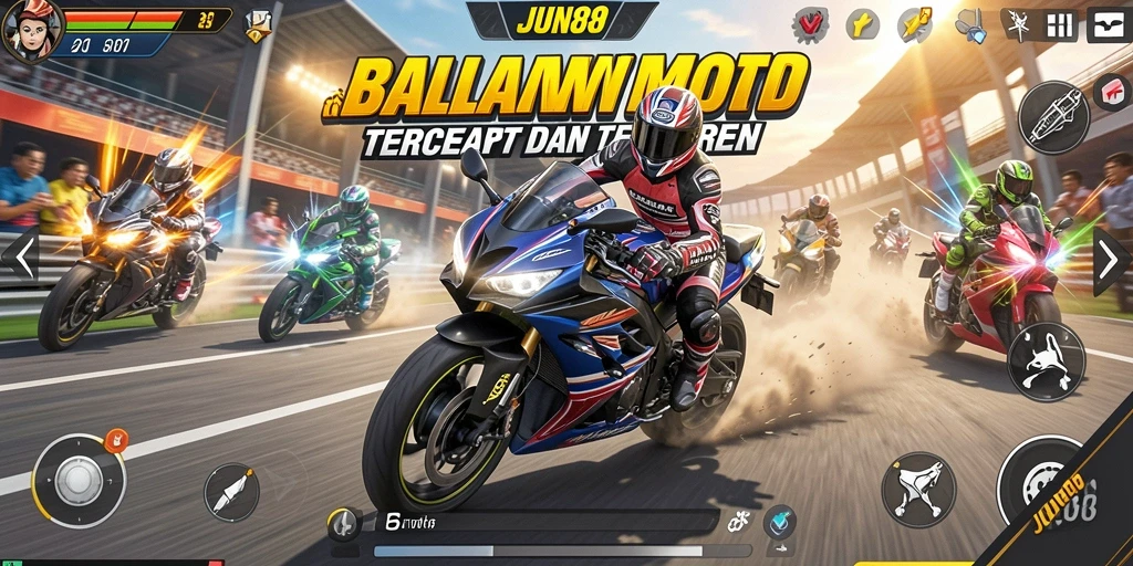 Tampilan seru dari gameplay balapan motor JUN88 yang mendebarkan.