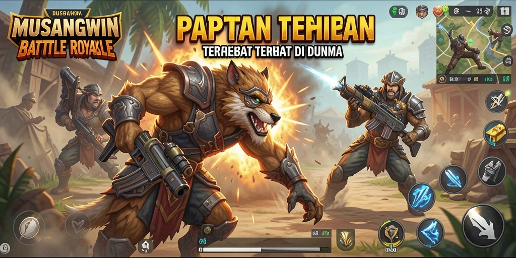 Tangkapan layar utama MUSANGWIN menampilkan pertempuran sengit dalam arena Battle Royale.