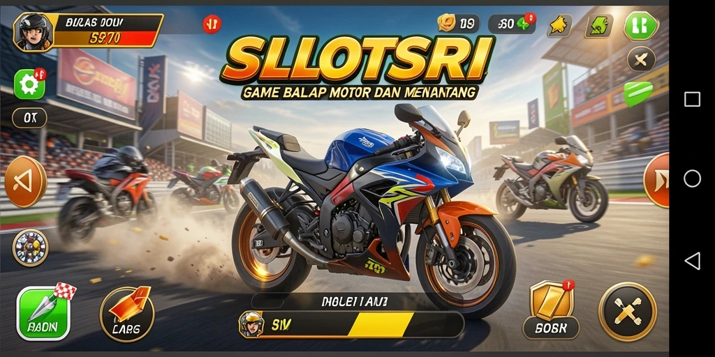 Screenshot gameplay SLOTSRI menunjukkan balapan motor yang mendebarkan.