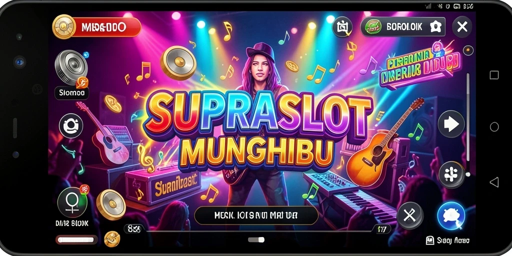 Screenshot gameplay SUPRASLOT menampilkan pemain menikmati lagu dan menari.